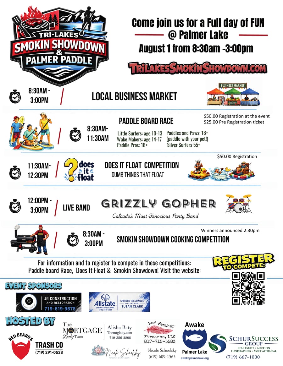 Tri-Lakes Smokin Showdown and Palmer Paddle event flyer, August 1 at Palmer Lake